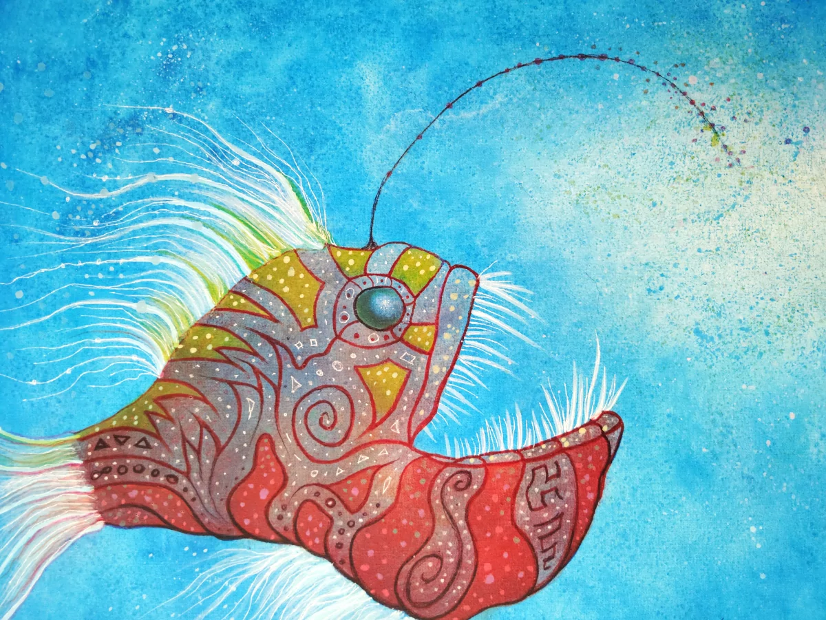 Angler Fish Ocean Water Predator Art Painting Animal Environmental Acrylic Canvas Blue Red