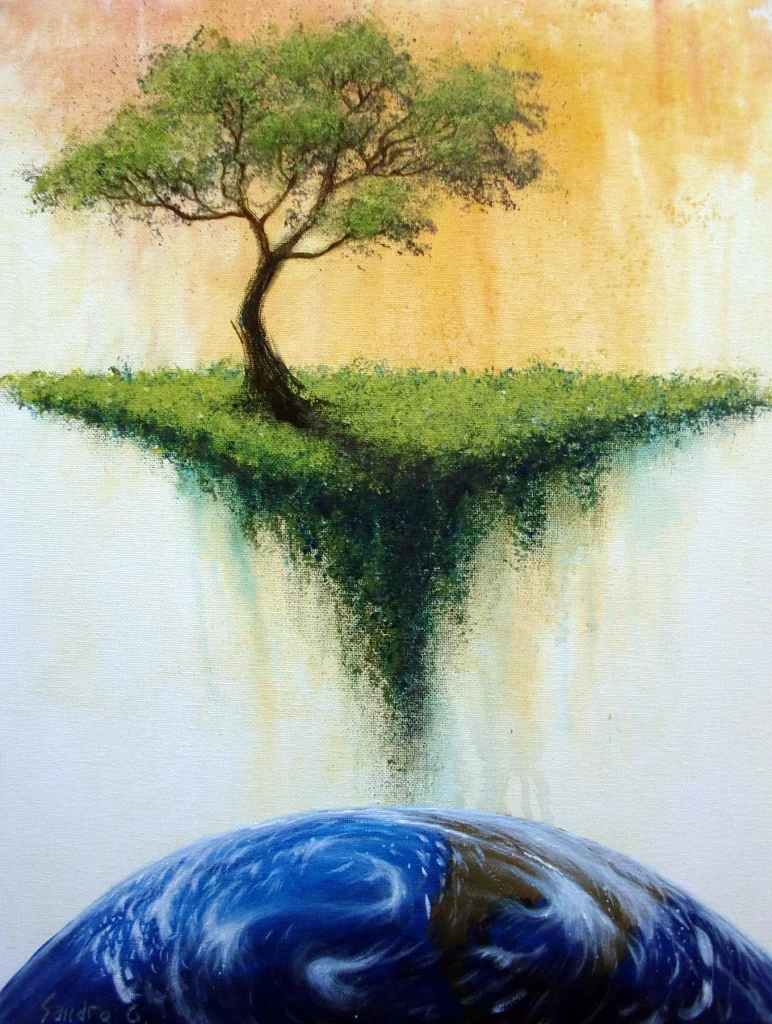 Floating Tree Grass Island Wall Deco Canvas Art Painting Home Office Bathroom Tree floating Island Acrylic original Yellow Green