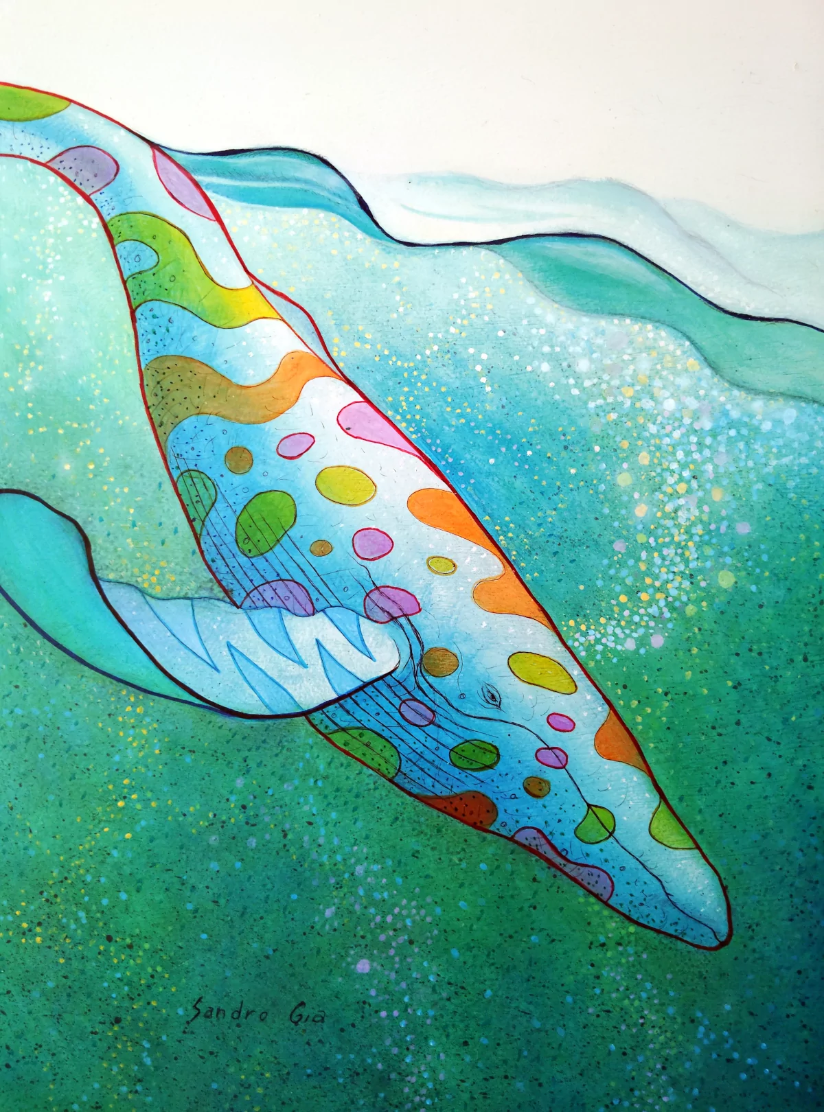 Whale Diving Ocean Water Bubbles Green Surreal Artwork Fin Original Painting Wall Art Bath Kitchen Home Decor Acrylic Canvas Animal Enviromental