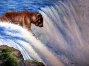 Grizzy Bear Water Falls art painting by Sandro Gia, nature wildlife painting wall decor